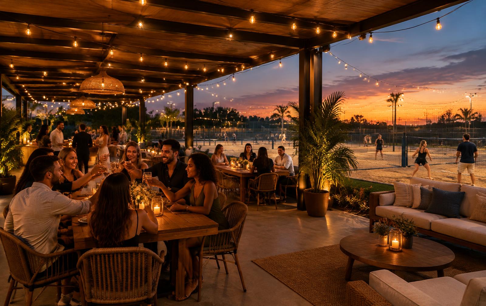 Espaço coberto para eventos ao lado das quadras